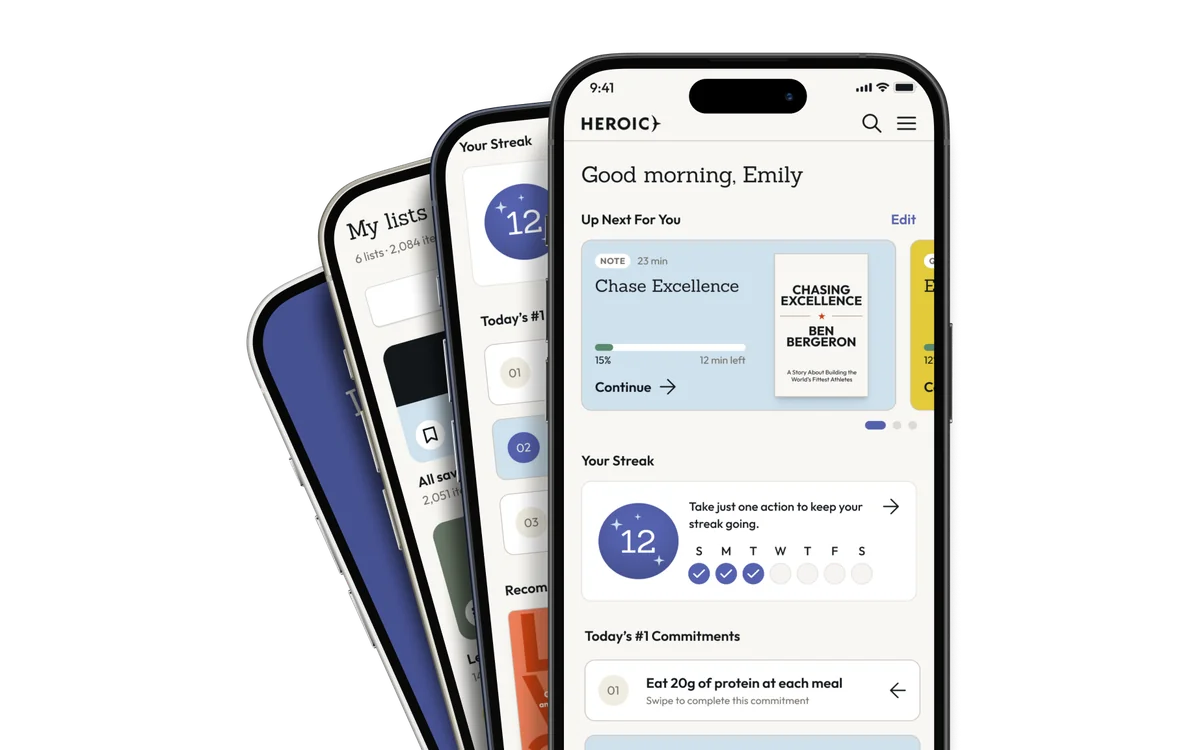A fan of phones showing the Heroic app's Today view